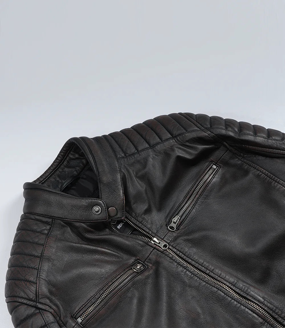 Mens Black Washed Maroon Tone Cafe Racer Leather Jacket