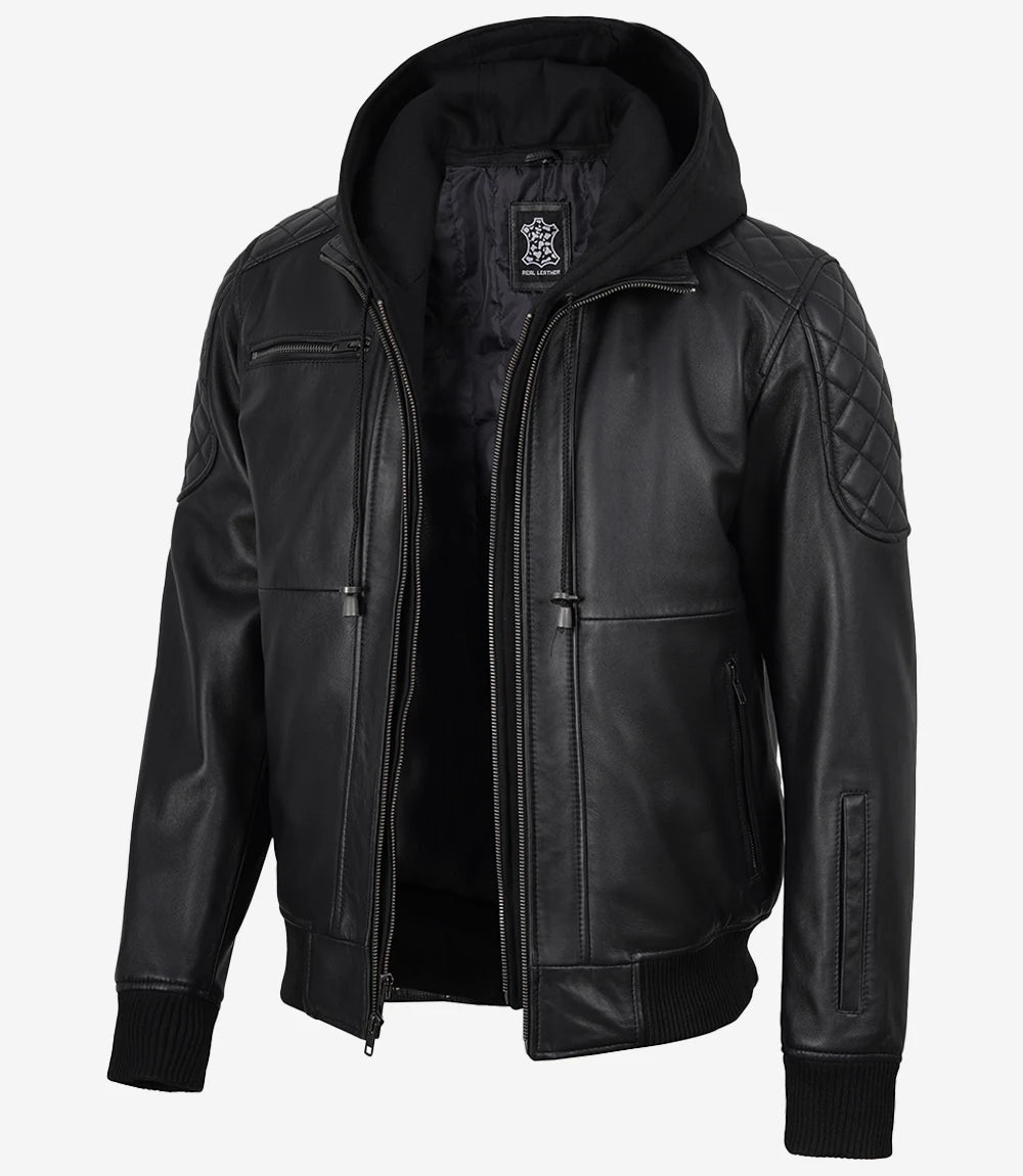 Men's Black Quilted Leather Bomber Jacket with Removable Hood