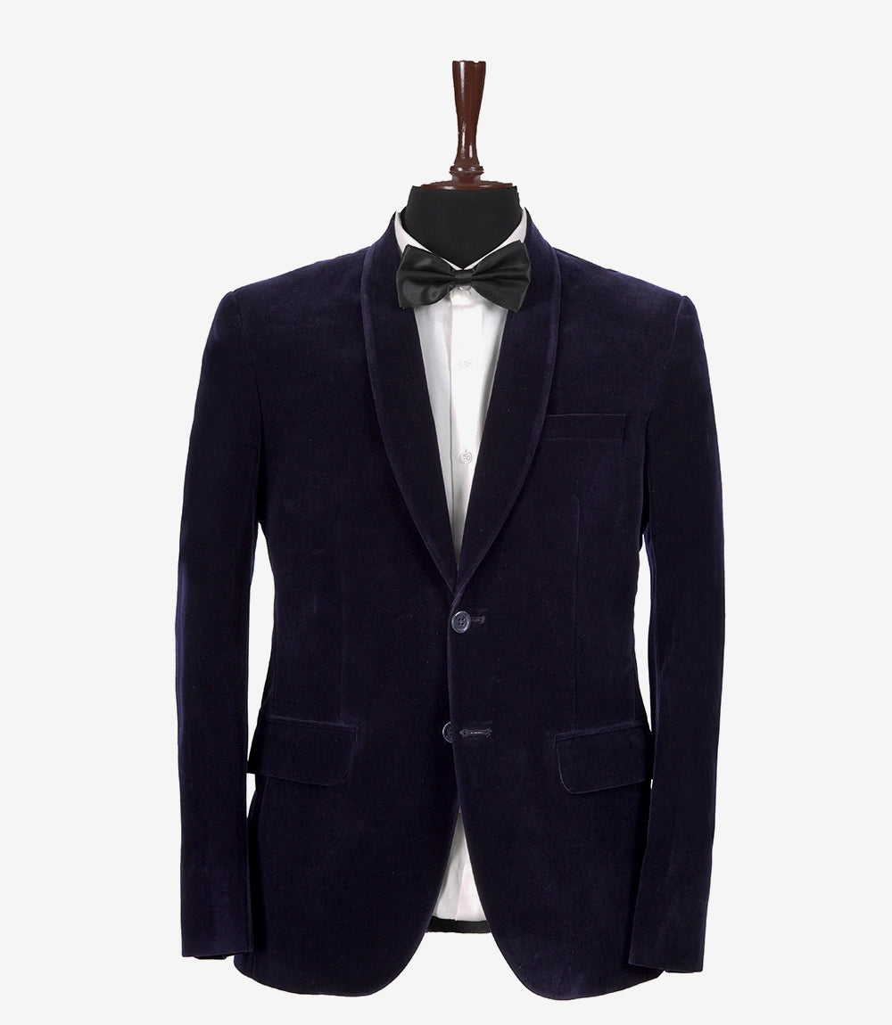 Mens 2 Button Deep Blue Velvet Tuxedo with Shawl Lapel
