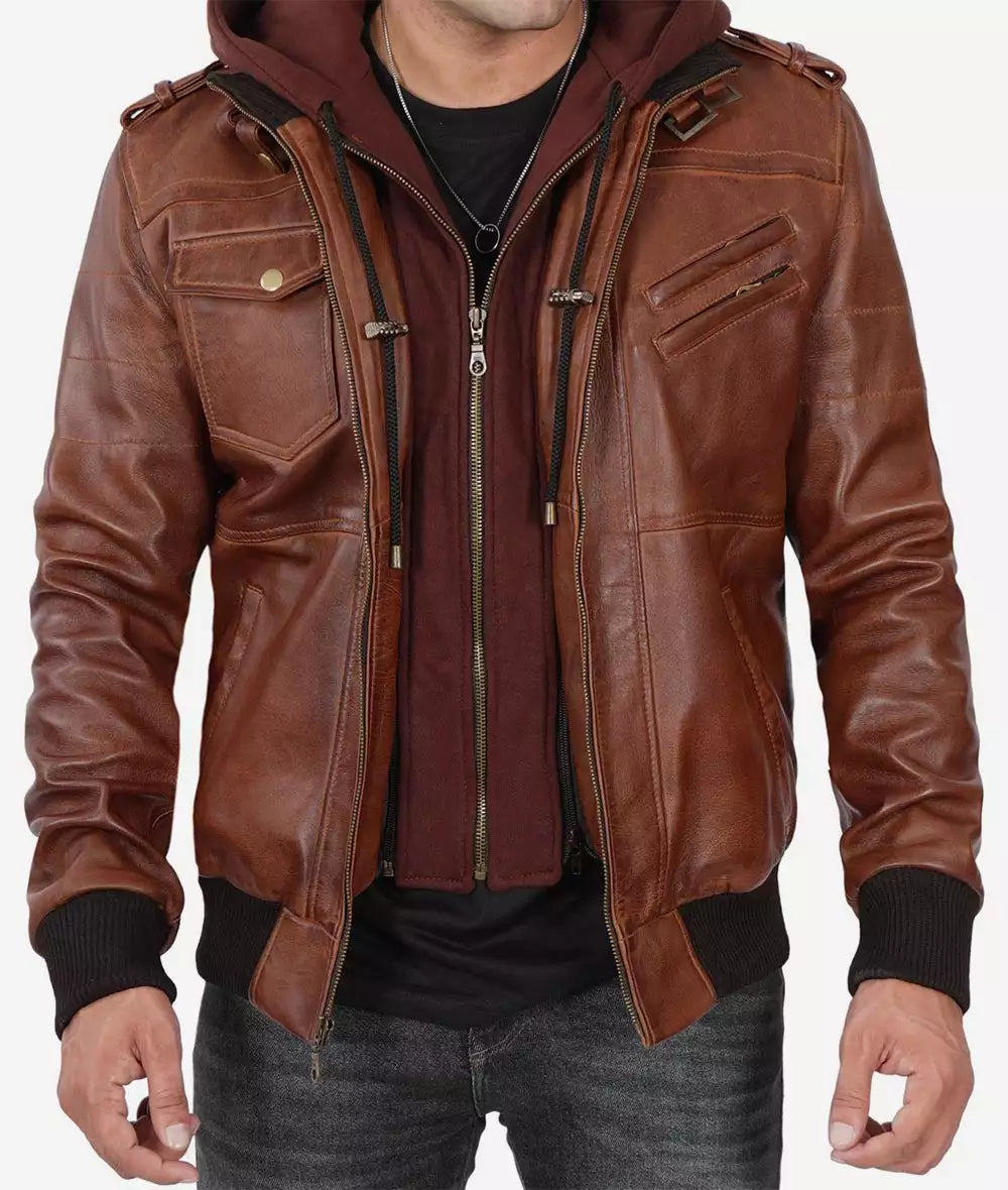 Mens Tall Brown Leather Bomber Jacket with Hood