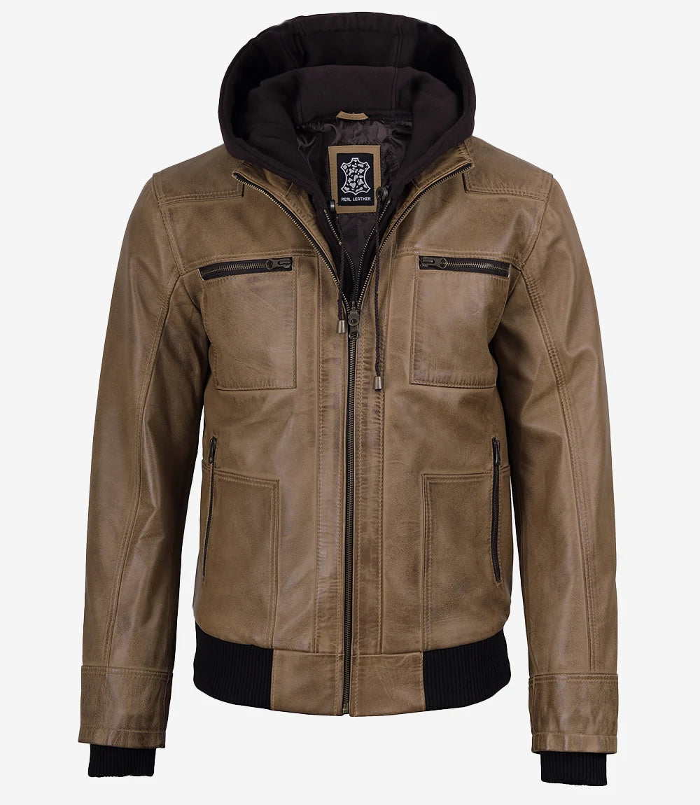 Men's Camel Waxed Leather Hooded Bomber Jacket