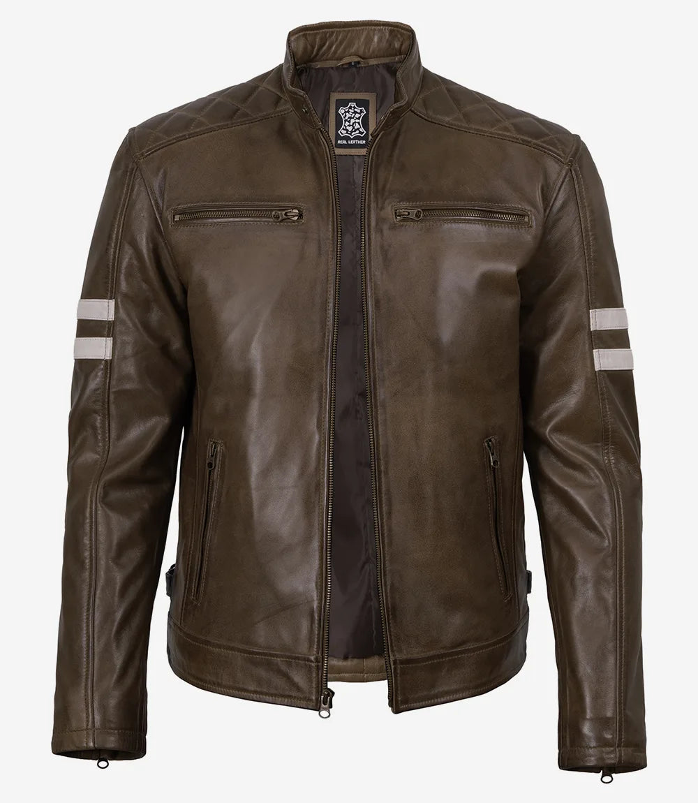 Men's Coffee Waxed Leather Biker Jacket With White Arm Stripes