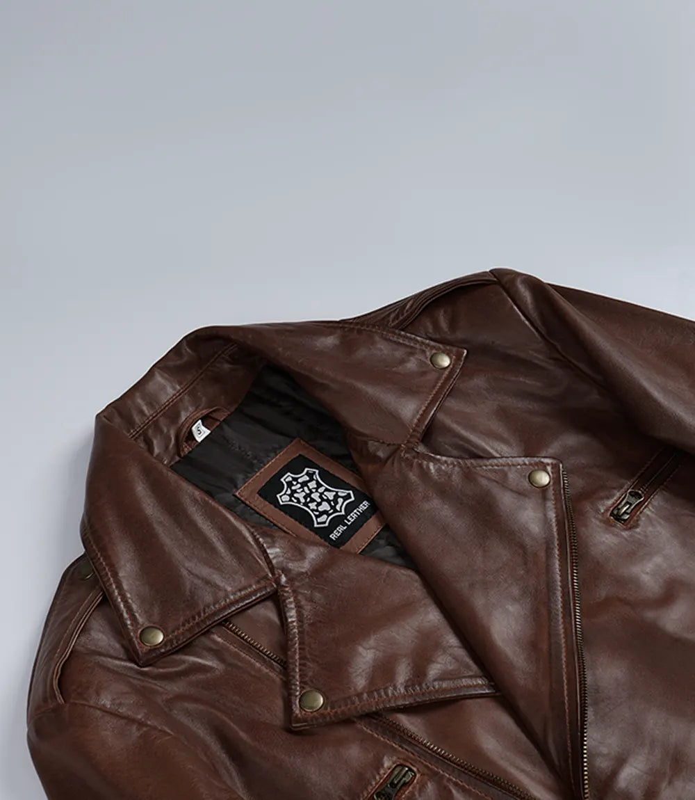 Mens Cognac Waxed Asymmetrical Biker Style Leather Jacket