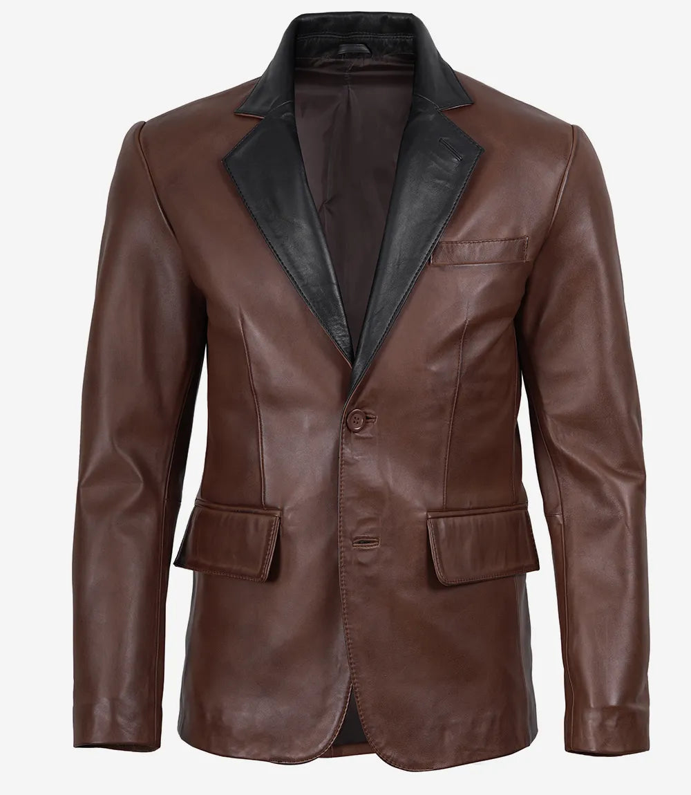 Men's Cognac Waxed Leather Blazer with Contrast Black Lapels