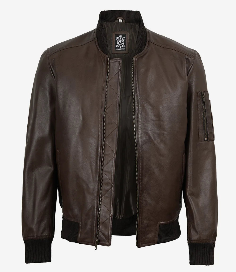 Men's Dark Brown Leather Bomber Jacket with Ribbed Collar