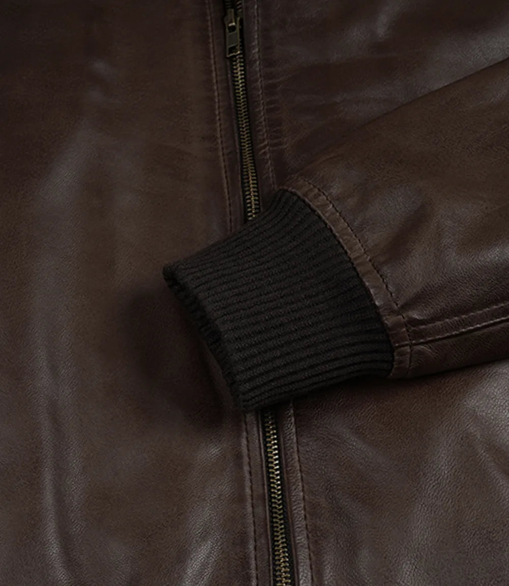 Men's Dark Brown Leather Bomber Jacket with Ribbed Collar