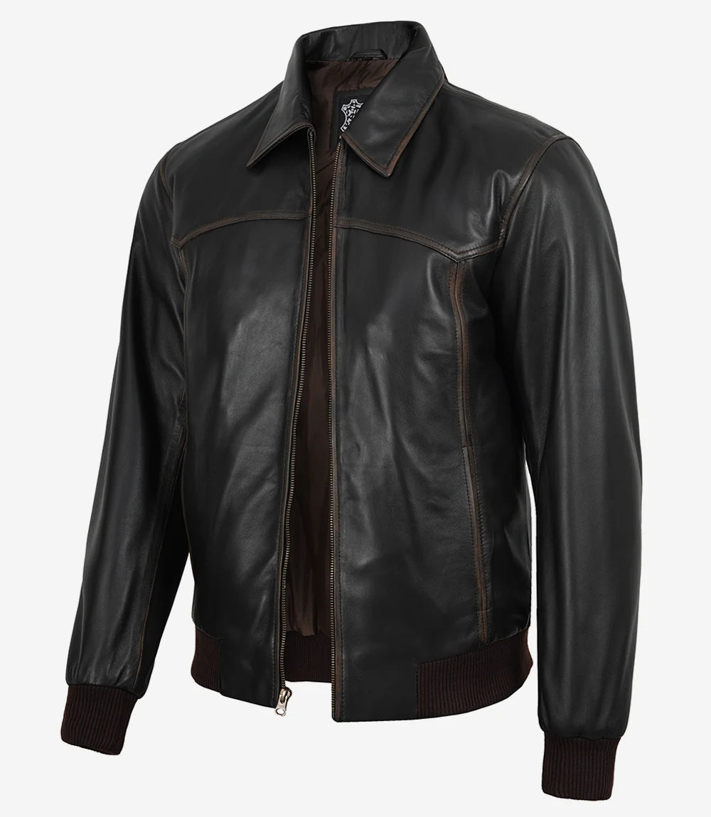 Men's Distressed Brown Leather Bomber Jacket with Shirt Collar