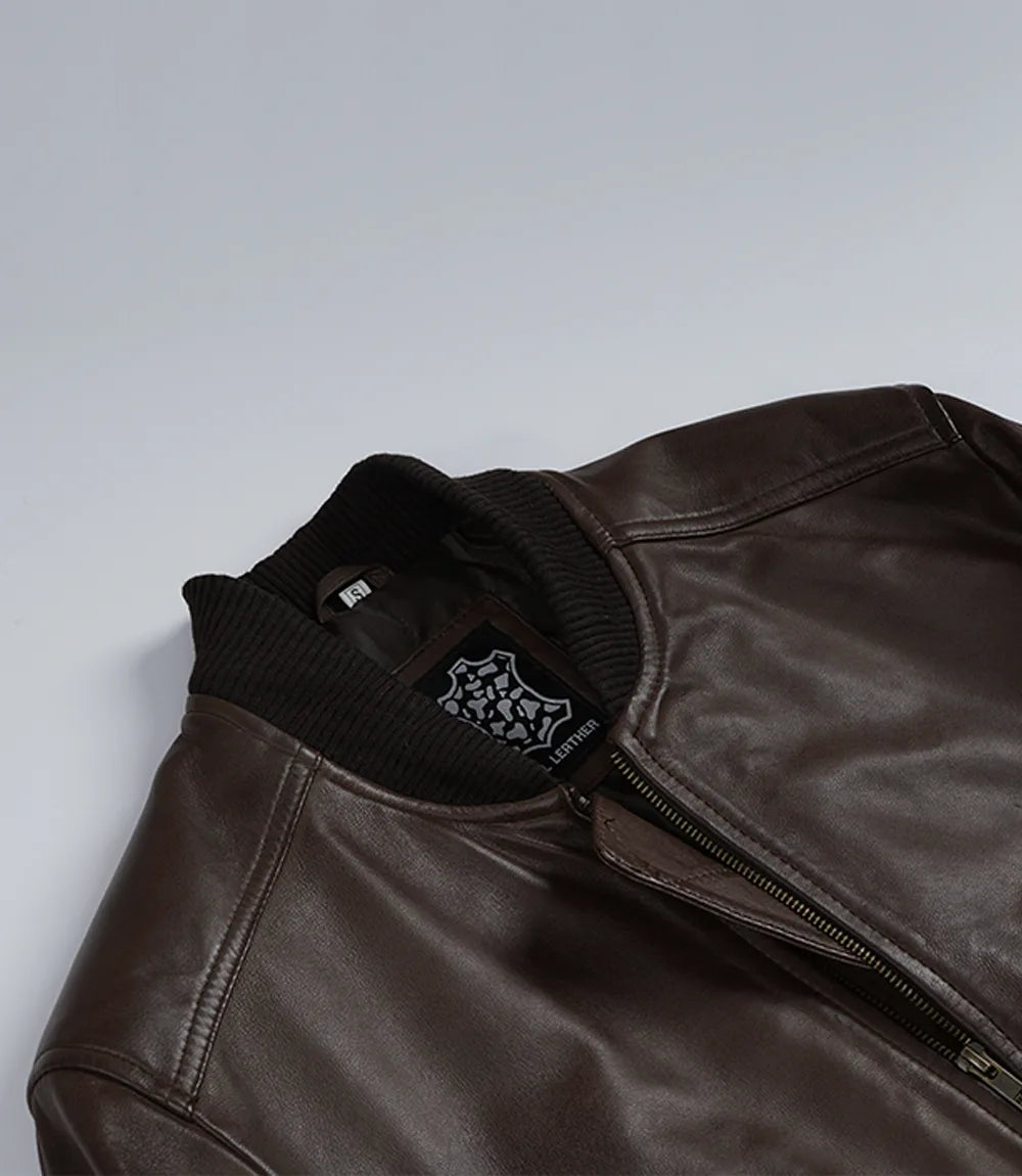 Men's Dark Brown Leather Bomber Jacket with Ribbed Collar
