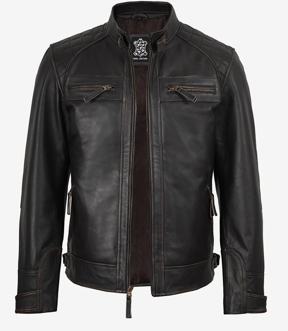 Men's Distressed Brown Biker Style Leather Jacket - Quilted Shoulder