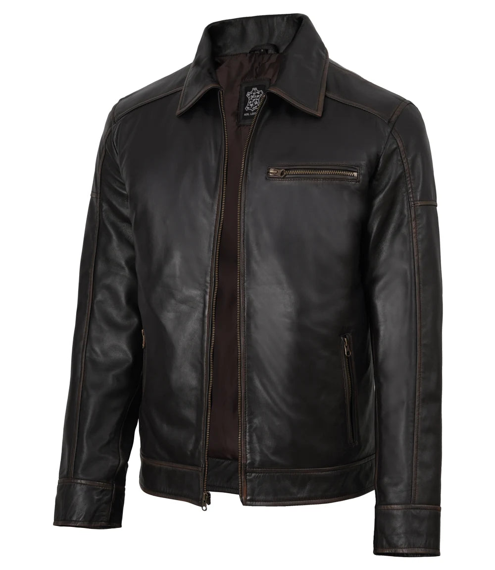 Men's Dark Brown Rub Off Leather Harrington Jacket