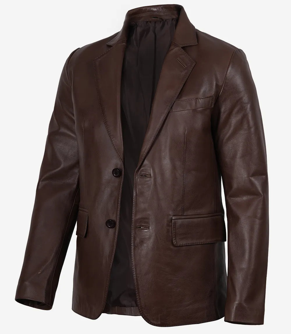 Men's Dark Brown Two-Button Waxed Leather Blazer