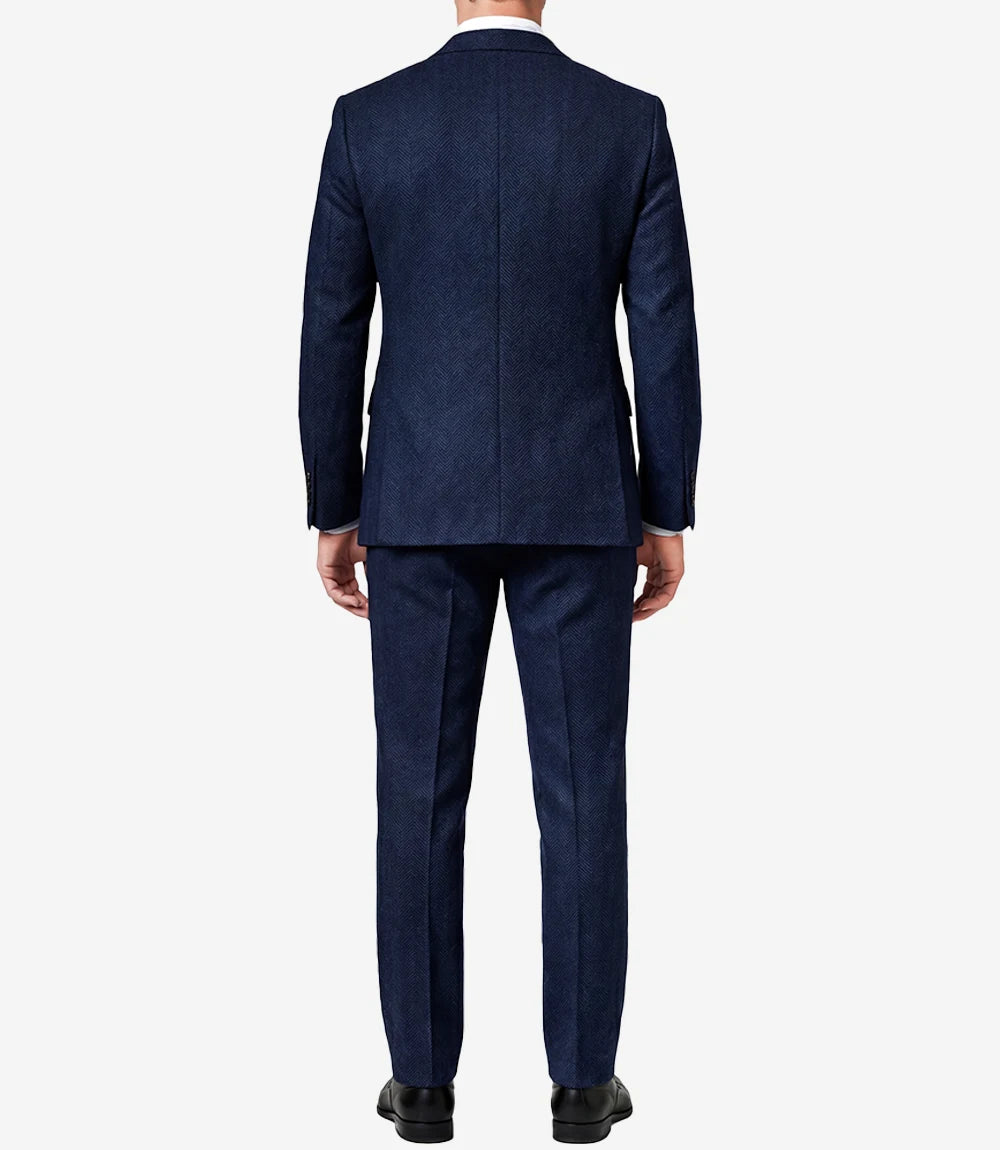 Mens Navy Blue Herringbone Wool Blend 2 Piece Suit