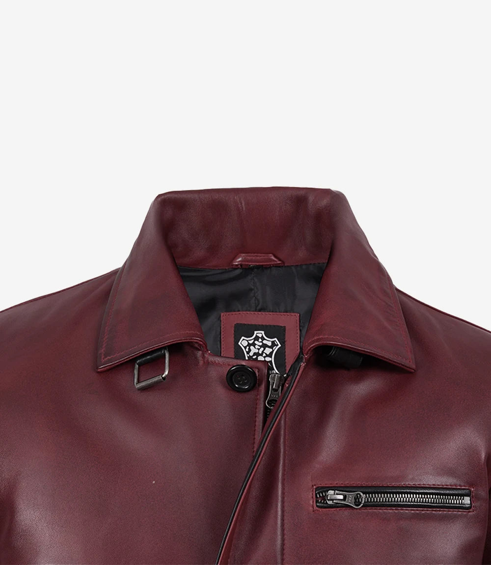 Men's 3/4 Length Burgundy Waxed Leather Coat