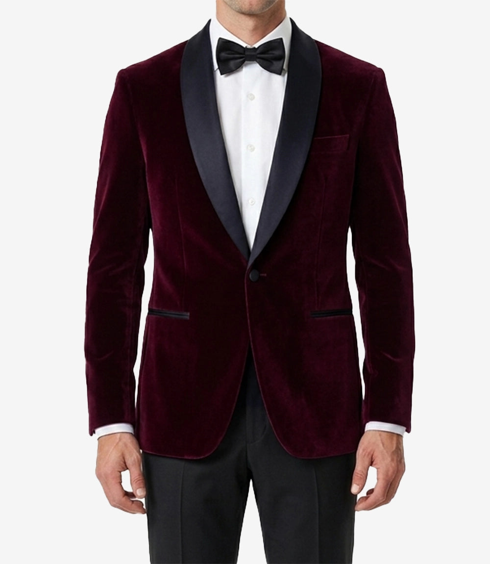 Mens Black Shawl Lapel Maroon Velvet Tuxedo - Mens Maroon Wedding Tux