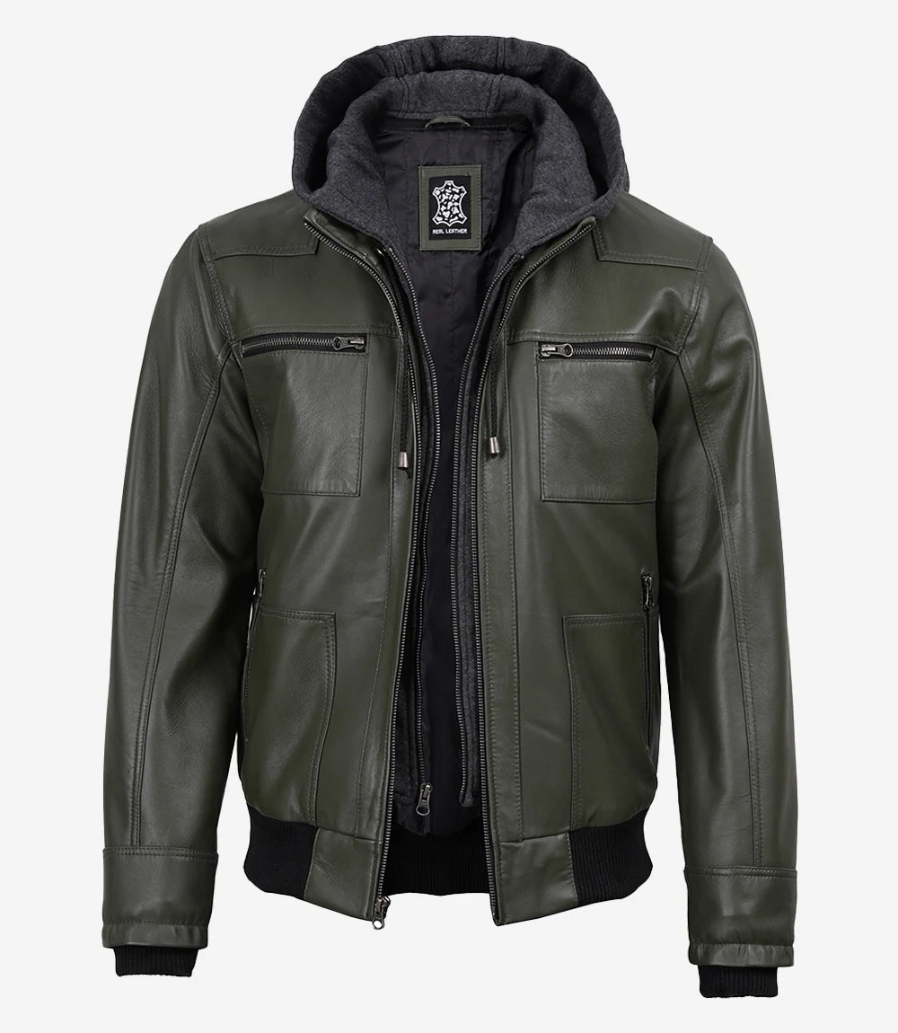 Men's Olive Green Leather Jacket With Removable Hood