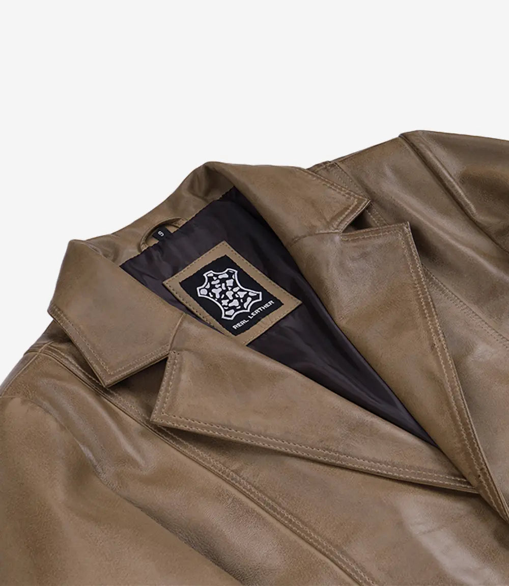 Men's Two-Button Camel Waxed Leather Blazer Jacket