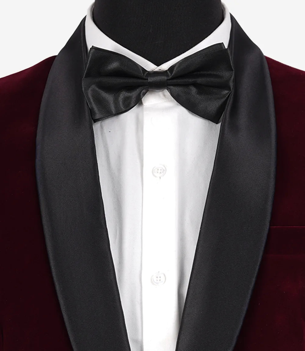 Mens Black Shawl Lapel Maroon Velvet Tuxedo - Mens Maroon Wedding Tux