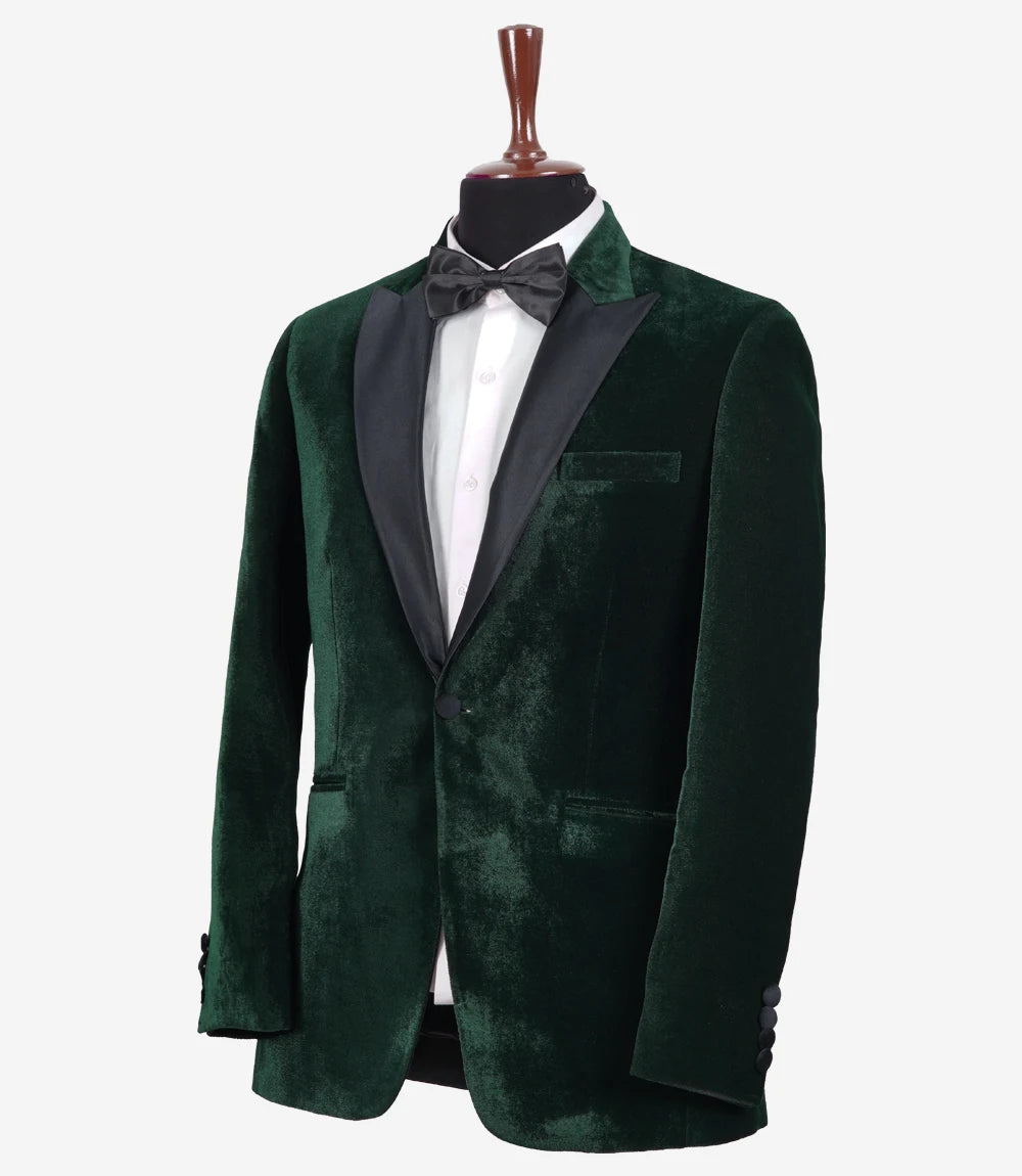 Lance Mens Green Velvet Single Button Tuxedo with Peak Lapel