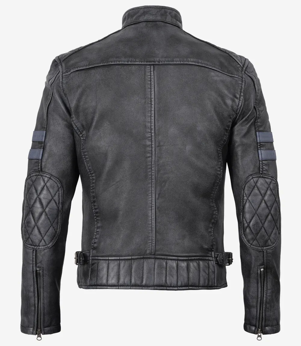 Men's Black Washed Leather Biker Style Jacket With Blue Arm Stripes