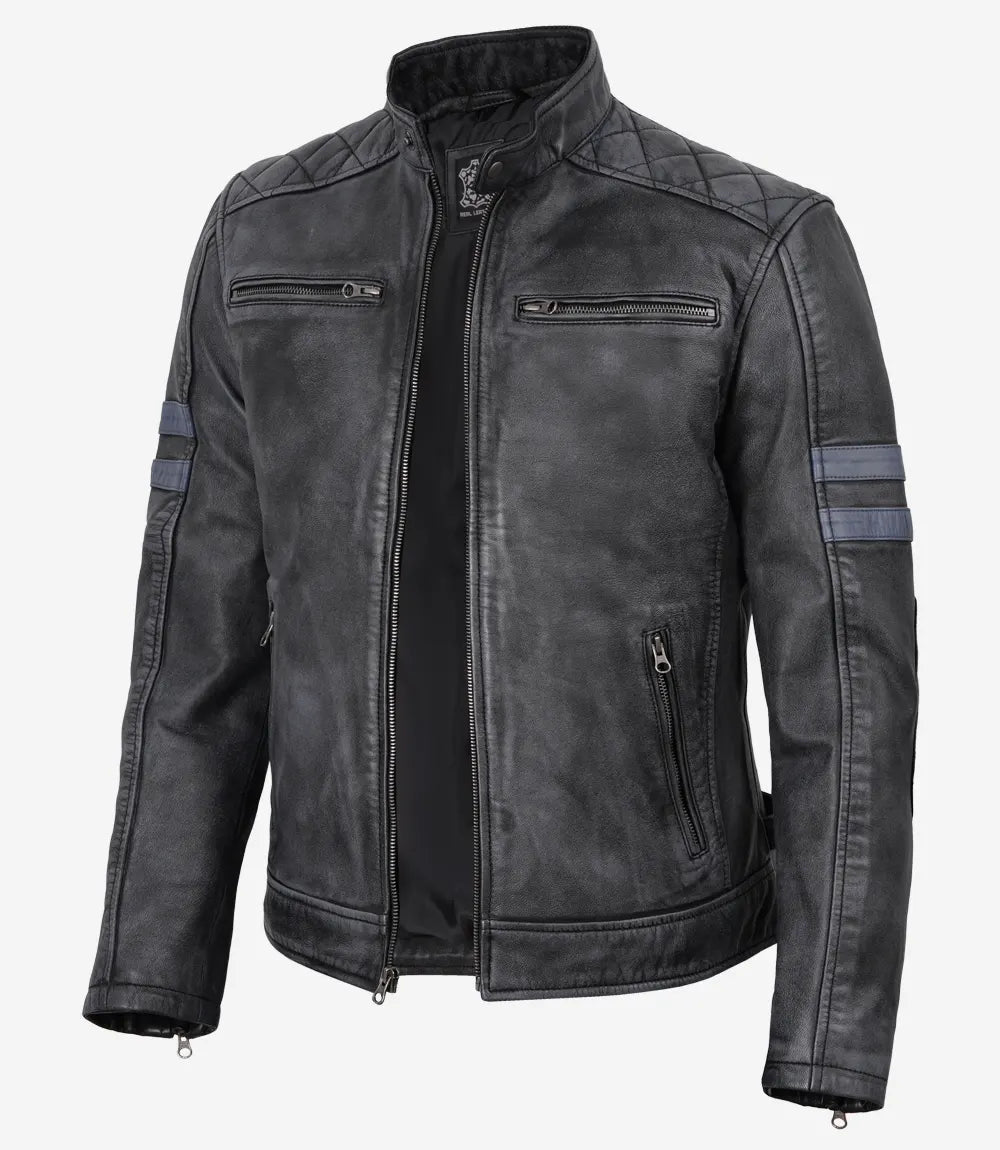 Men's Black Washed Leather Biker Style Jacket With Blue Arm Stripes