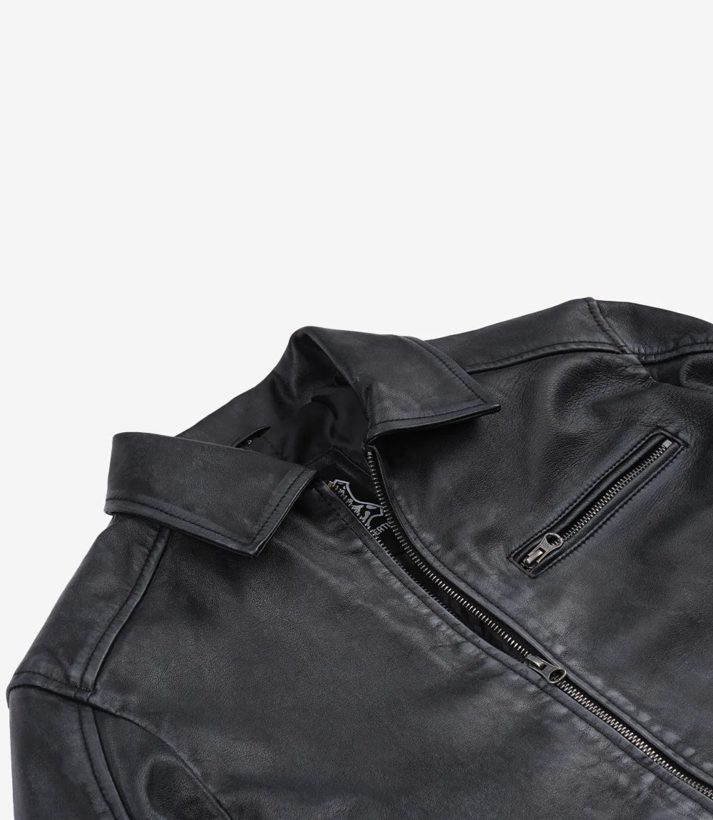 Men's Black Washed Leather Harrington Jacket