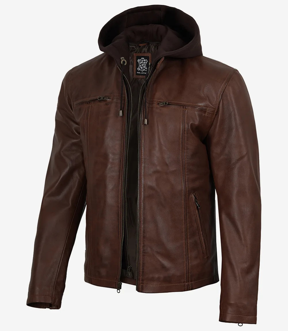Mens Cognac Waxed Biker Style Leather Jacket with Hood