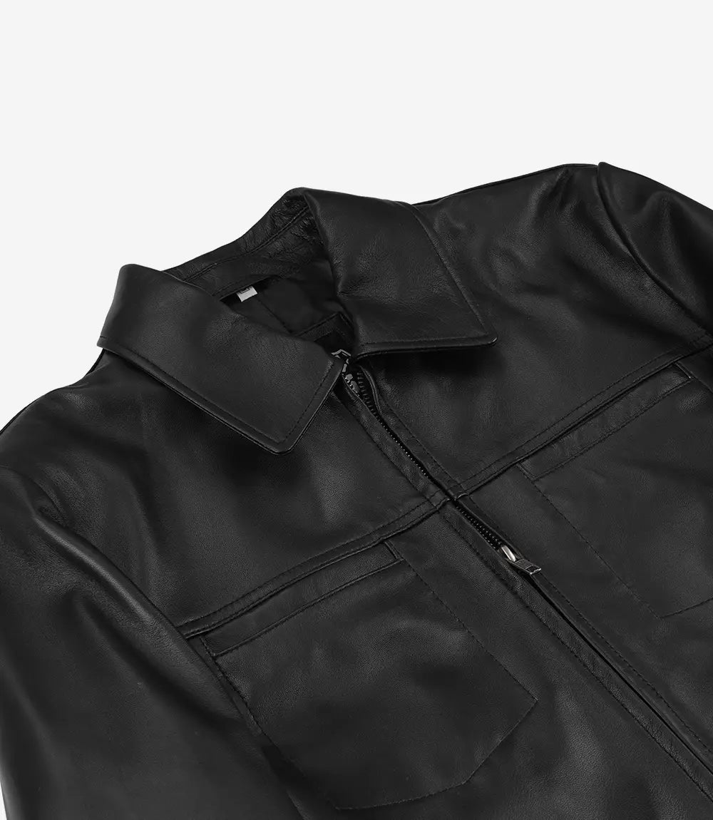 Men's Black Harrington Leather Jacket - Black - view 6