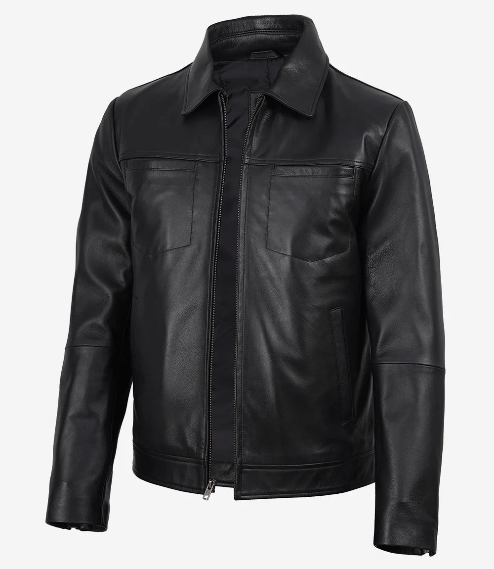 Men's Black Harrington Leather Jacket - Black - view 2