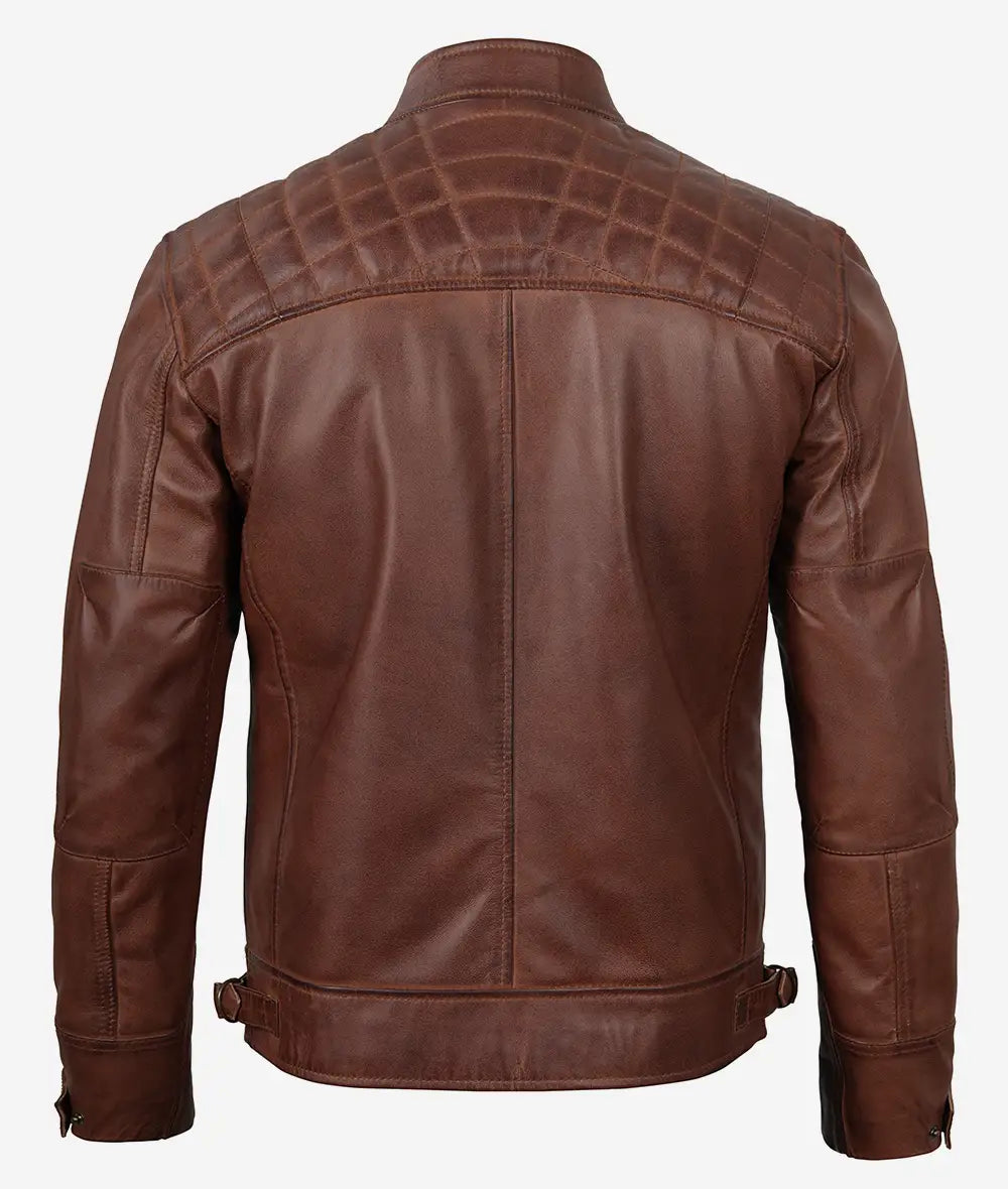 Men's Cognac Brown Quilted Biker Style Leather Jacket