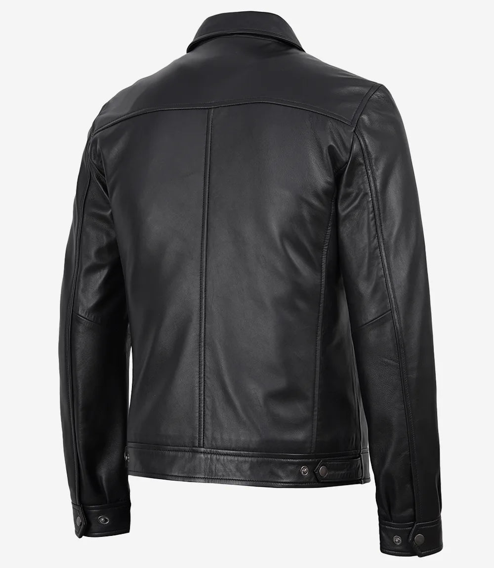Men's Black Shirt Collar Leather Jacket - Harrington Style - Black - view 3