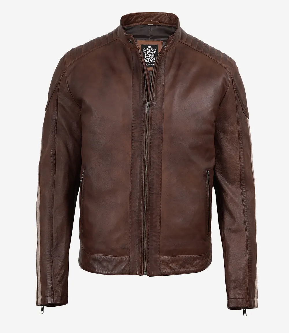 Men's Cognac Waxed Biker Style Jacket - Striped Sleeves - Cognac Waxed - view 3
