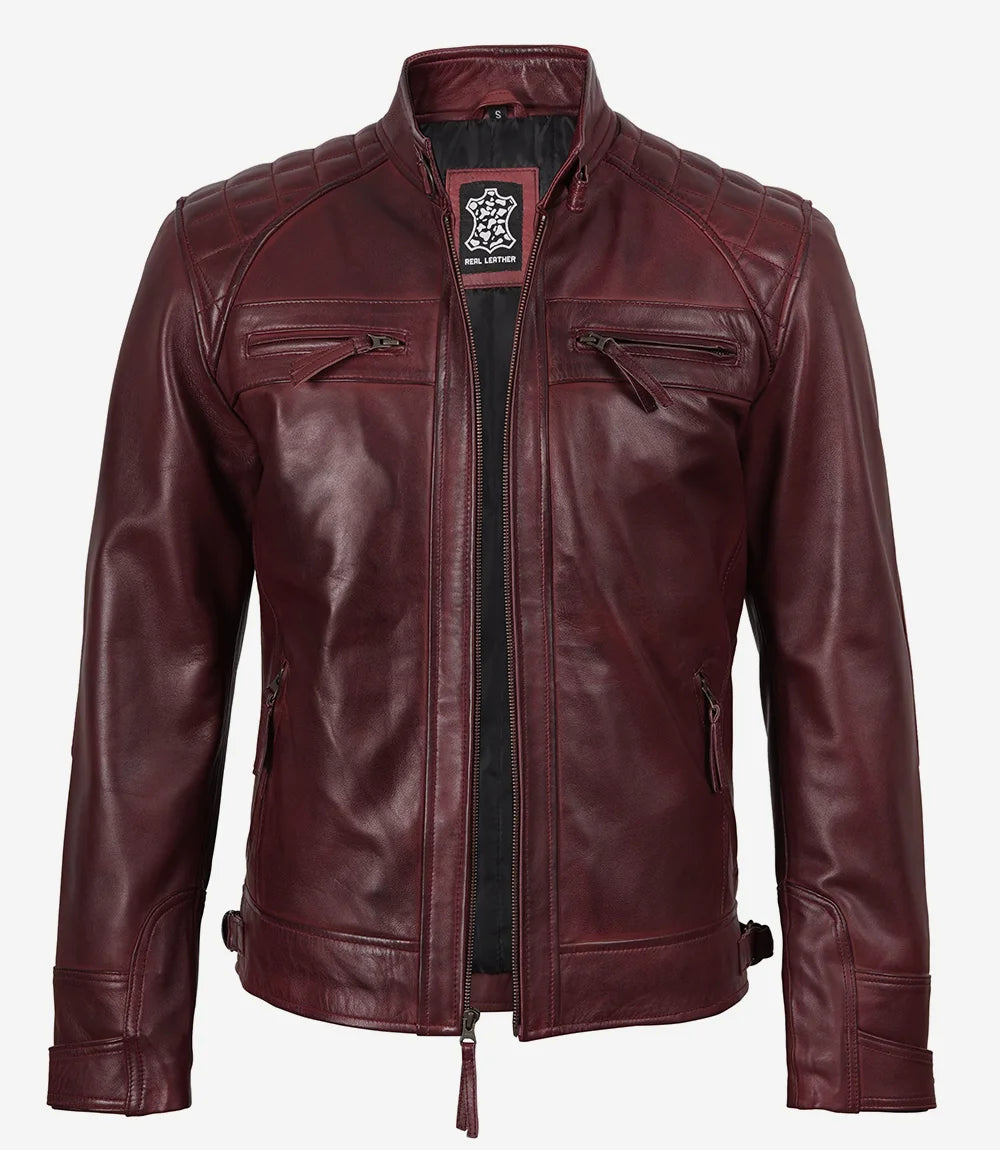 Mens Real Leather Burgundy Biker Jacket - Quilted Shoulder