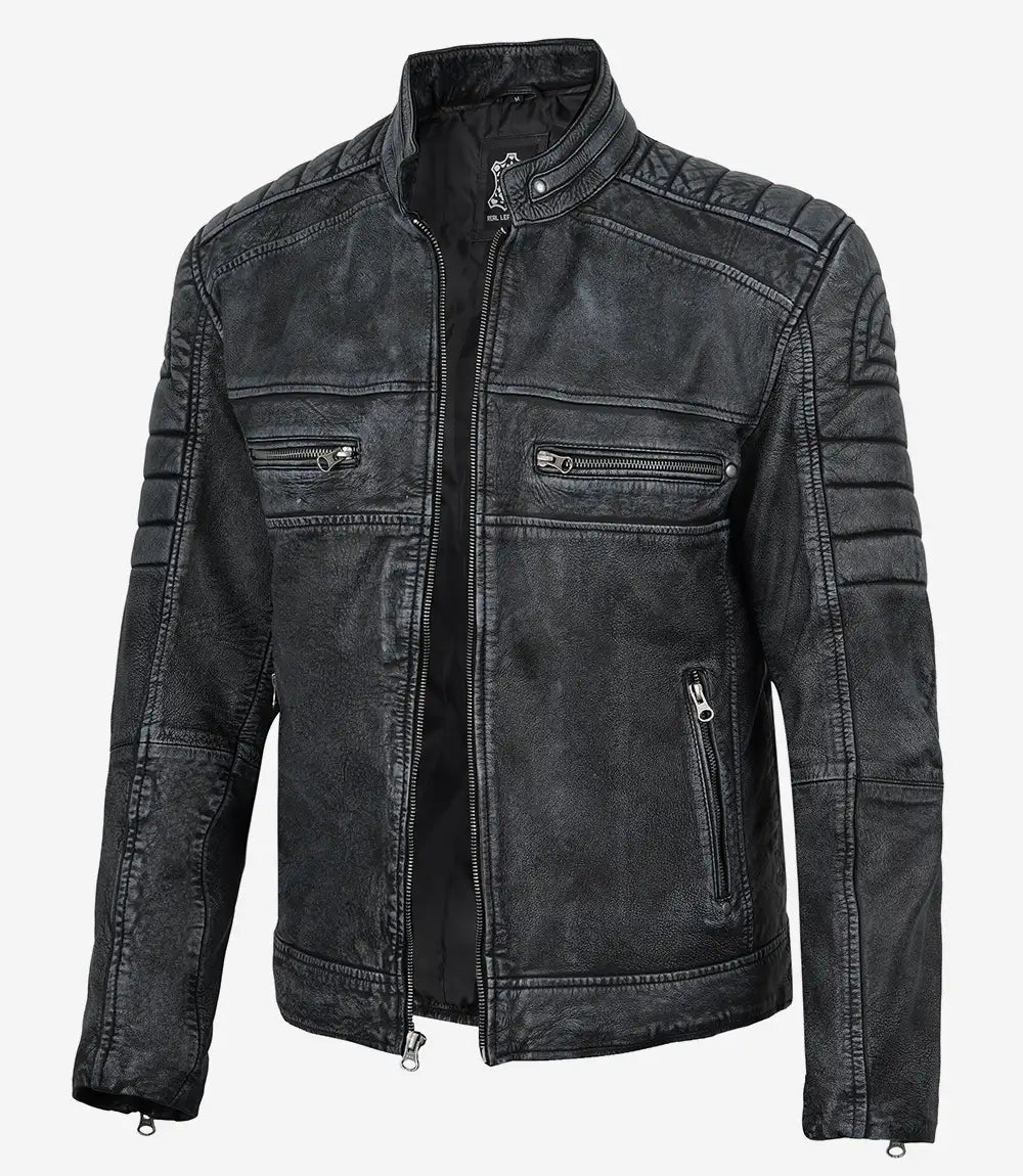 Men's Distressed Washed Black Leather Cafe Racer Jacket