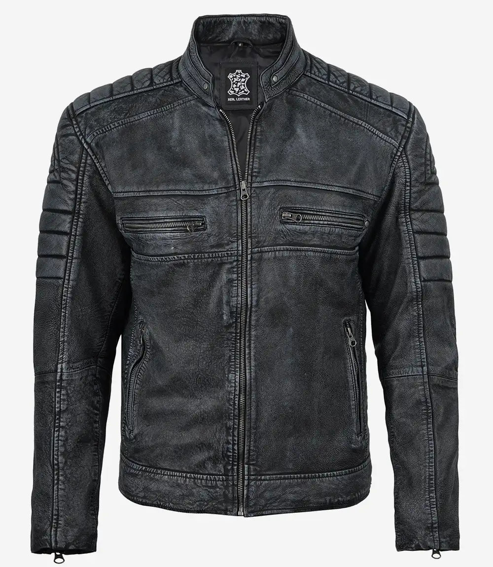 Men's Distressed Washed Black Leather Cafe Racer Jacket