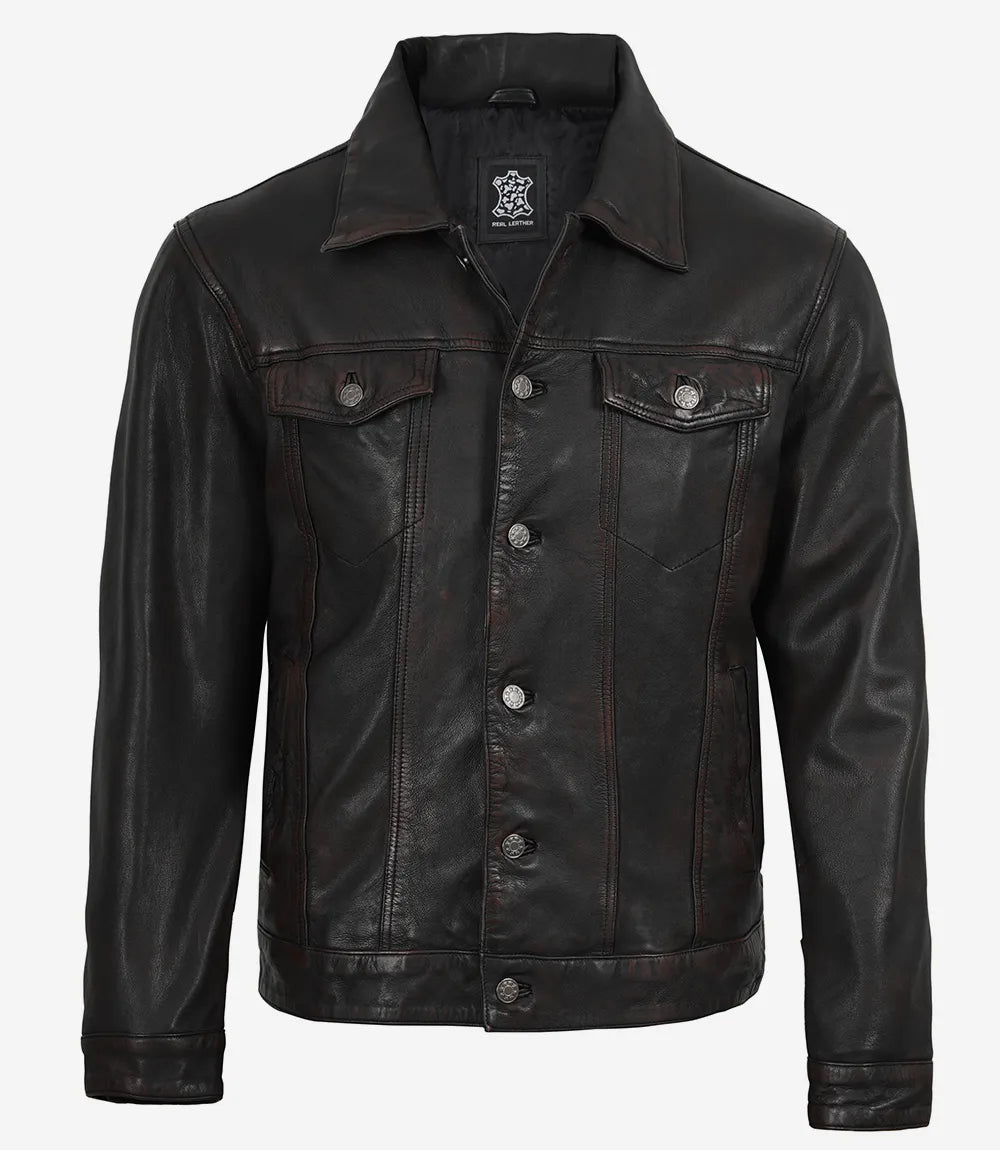 Men’s Black Washed Leather Trucker Jacket – Maroon Waxed Finish