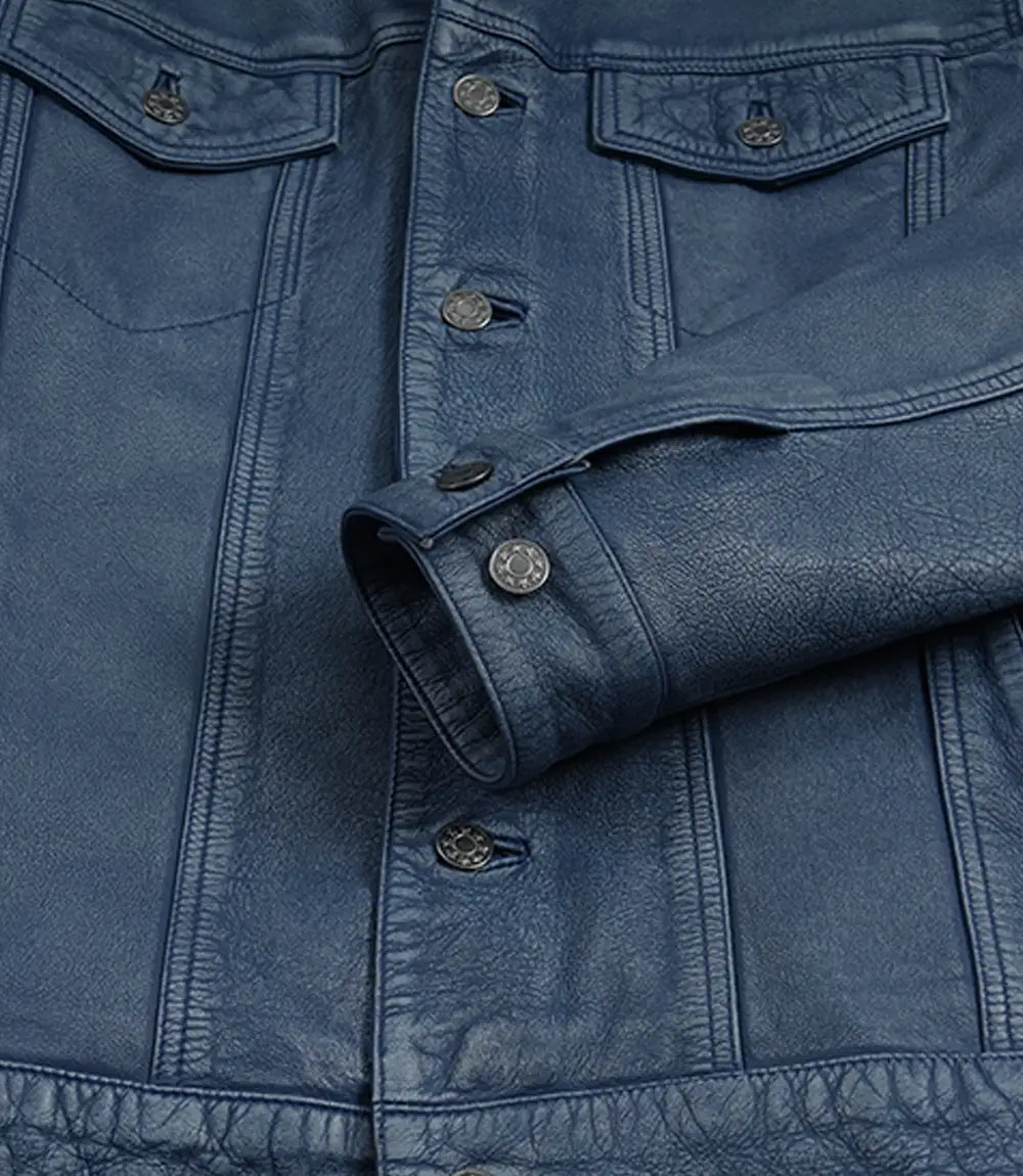 Men's Blue Washed Distress Leather Trucker Jacket - Denim Style