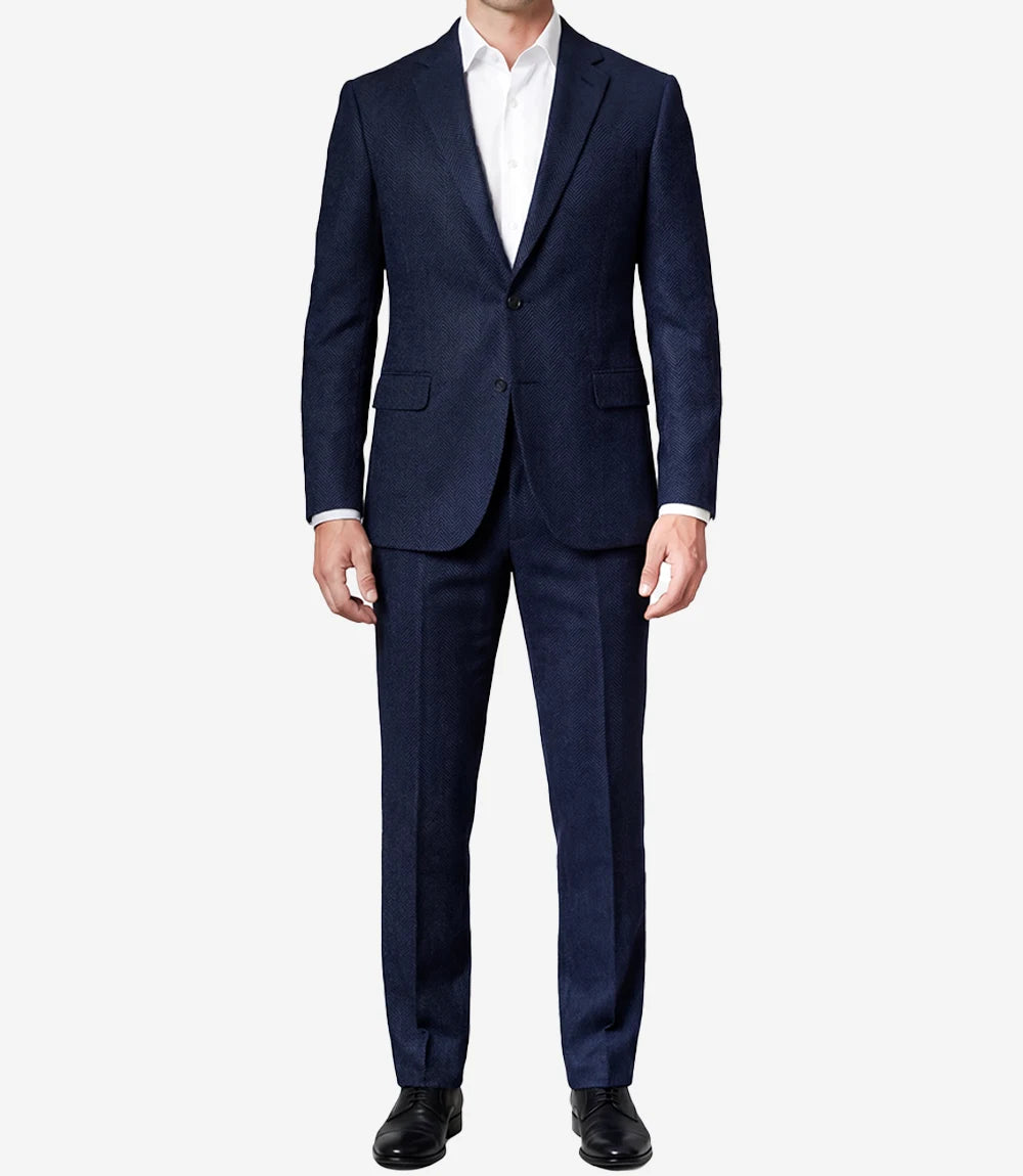 Mens Navy Blue Herringbone Wool Blend 2 Piece Suit