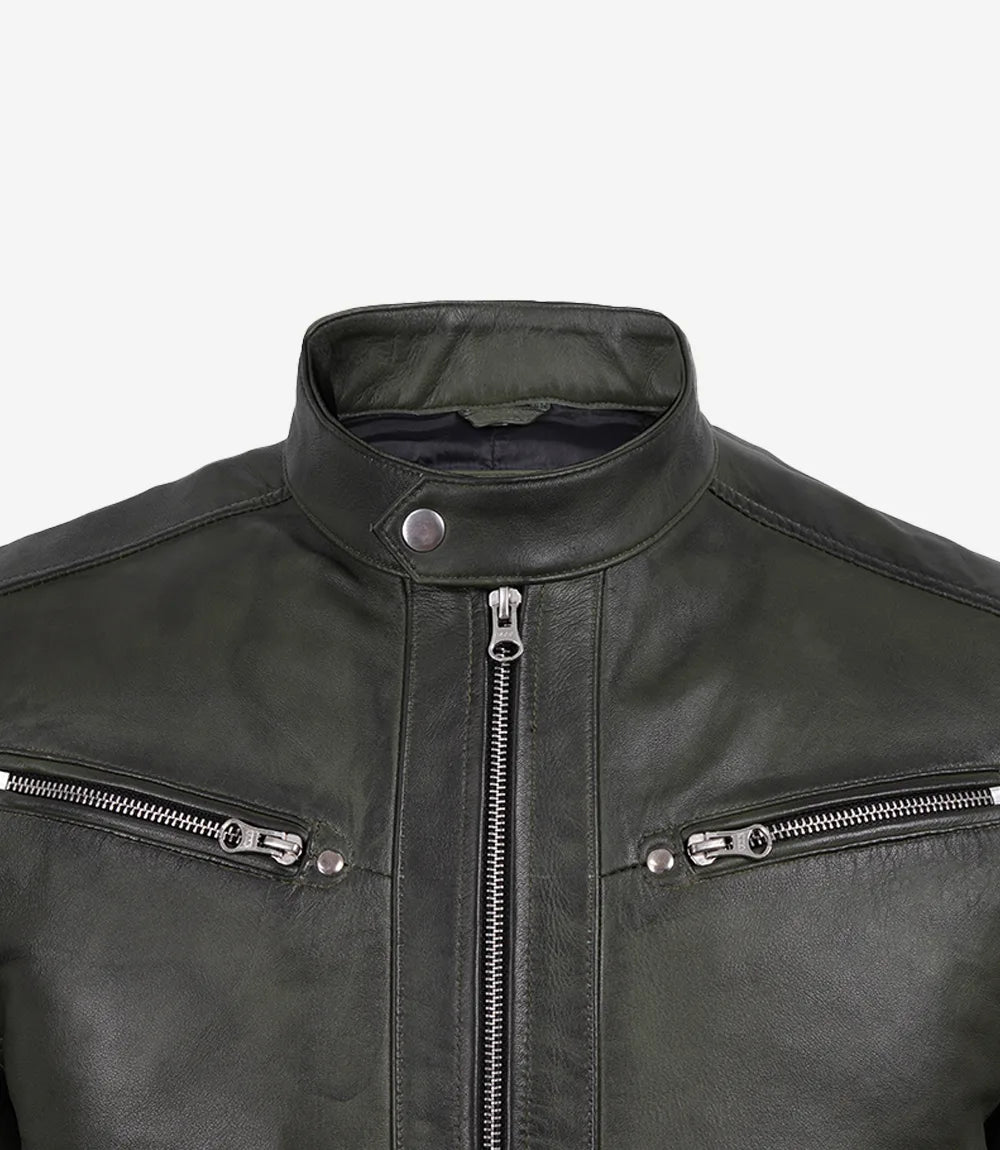Men's Olive Green Cafe Racer Leather Jacket - Olive Green - view 5