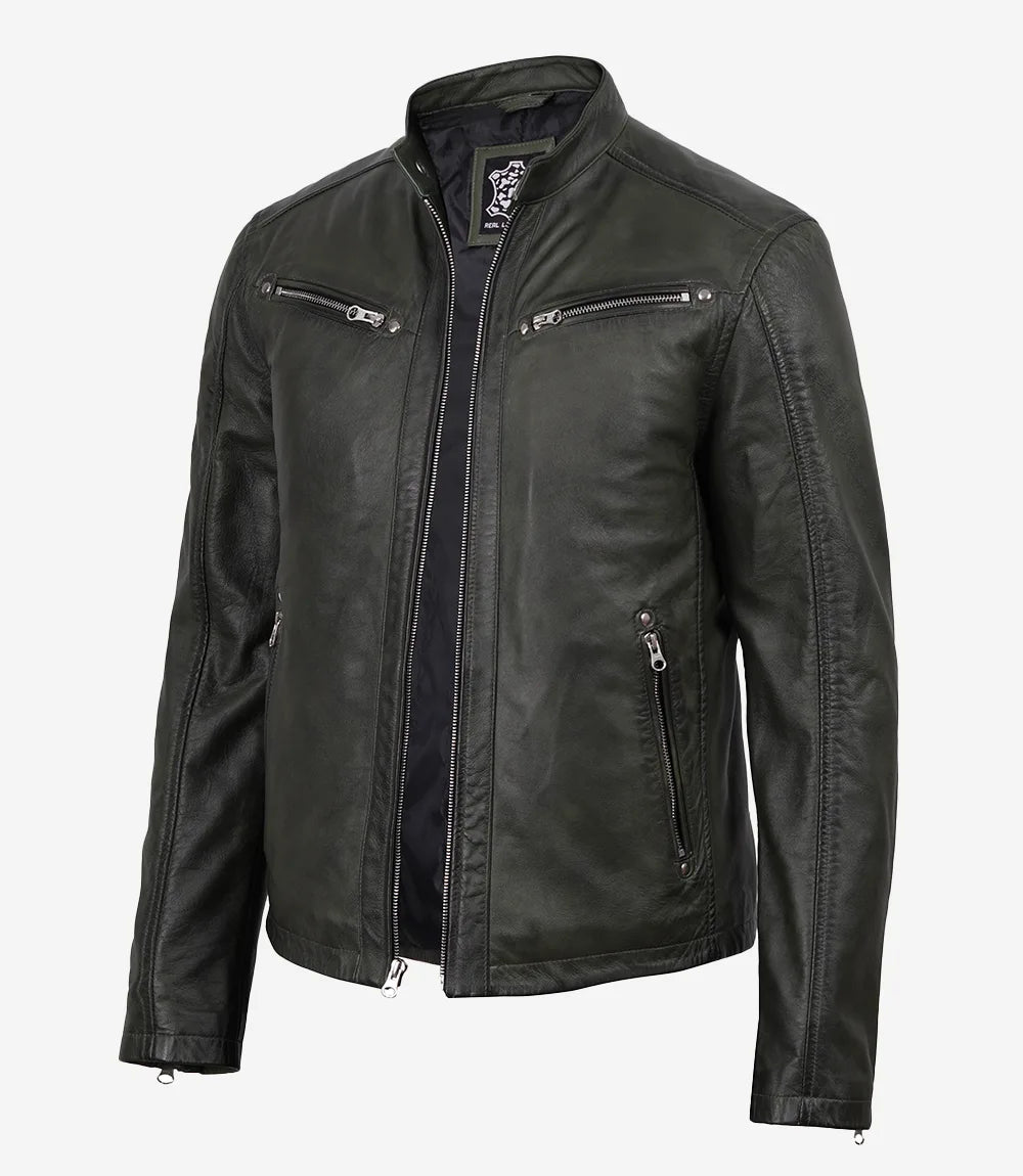 Men's Olive Green Cafe Racer Leather Jacket - Olive Green
