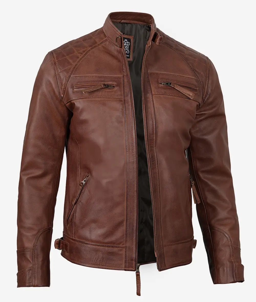 Men's Cognac Brown Quilted Biker Style Leather Jacket