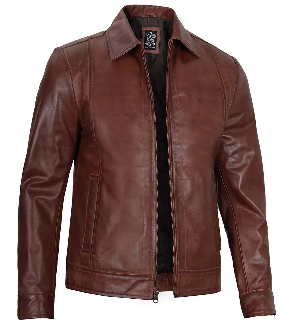 Mens Tall Brown Shirt Collar Harrington Leather Jacket