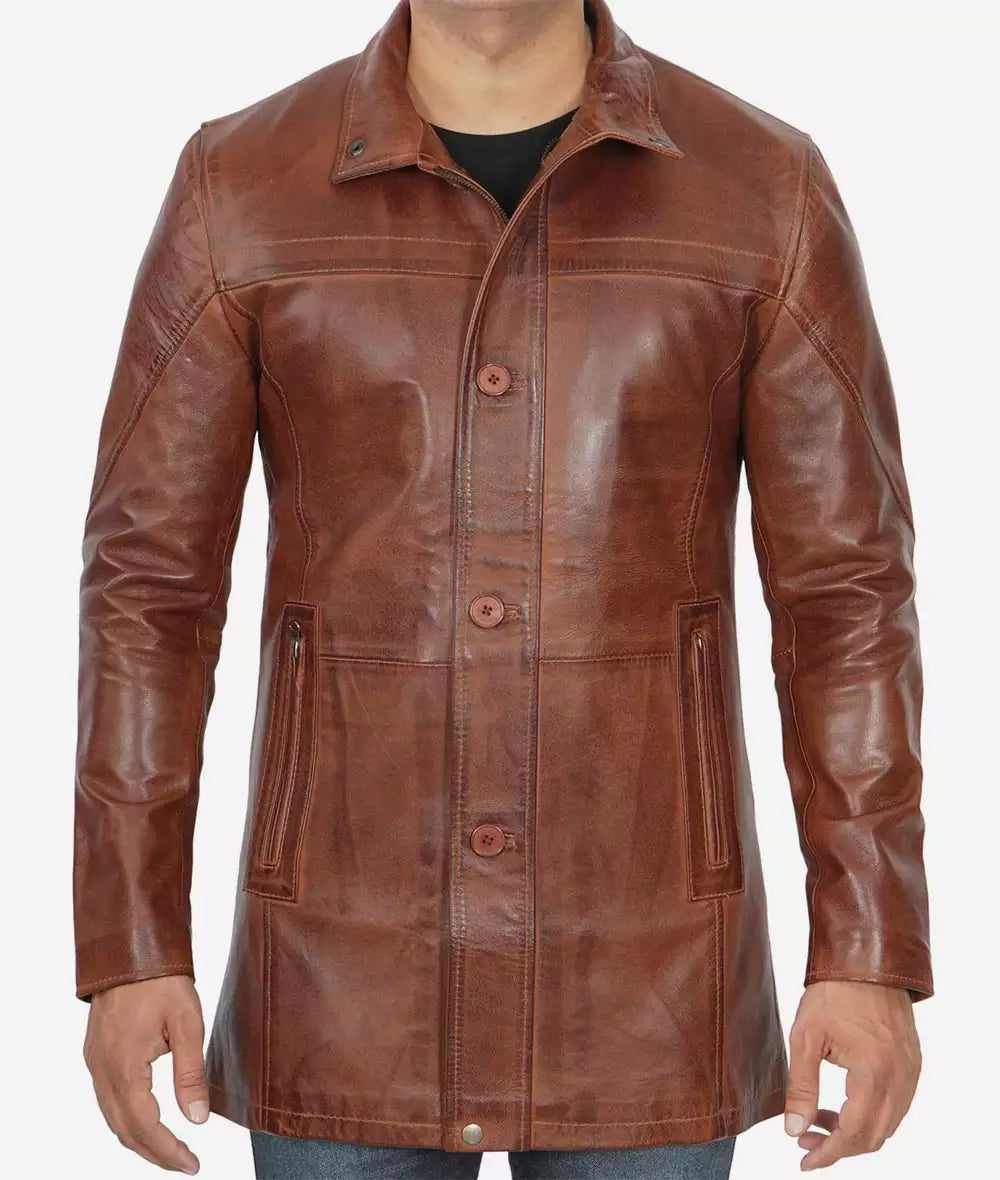 Mens Tall Cognac Waxed Brown Mid Length Leather Car Coat