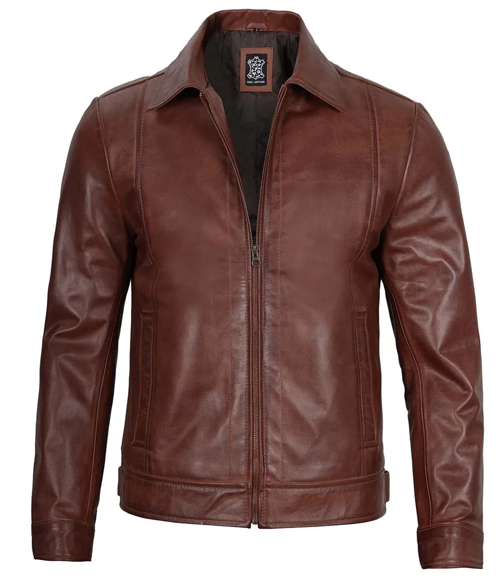 Mens Tall Brown Shirt Collar Harrington Leather Jacket