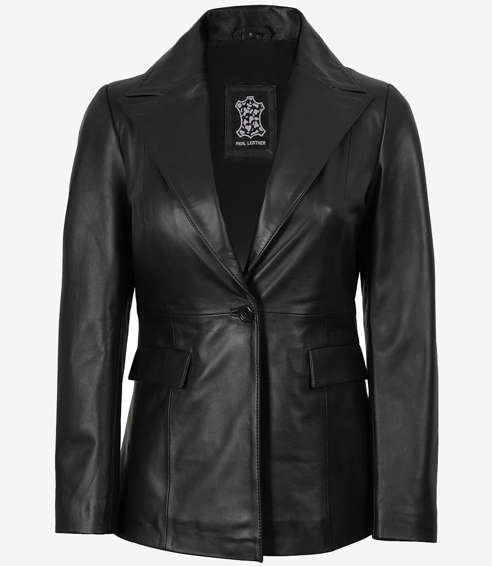 Womens Peak Lapel Black Leather Blazer - Single Button Closure