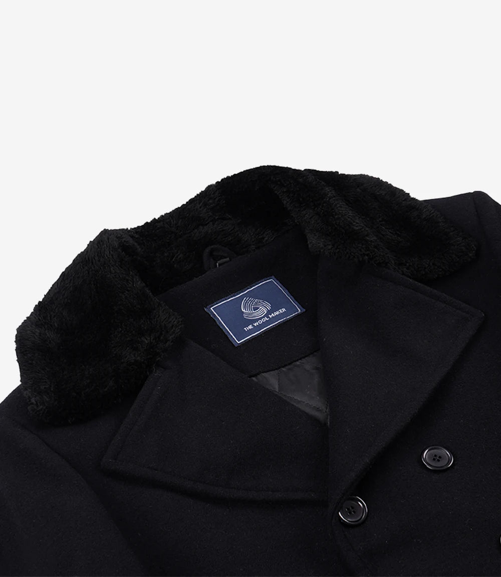 Men's Black Wool Double-Breasted Long Coat
