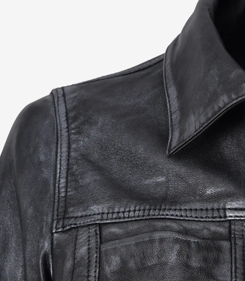 Women's Washed Black Trucker Leather Jacket