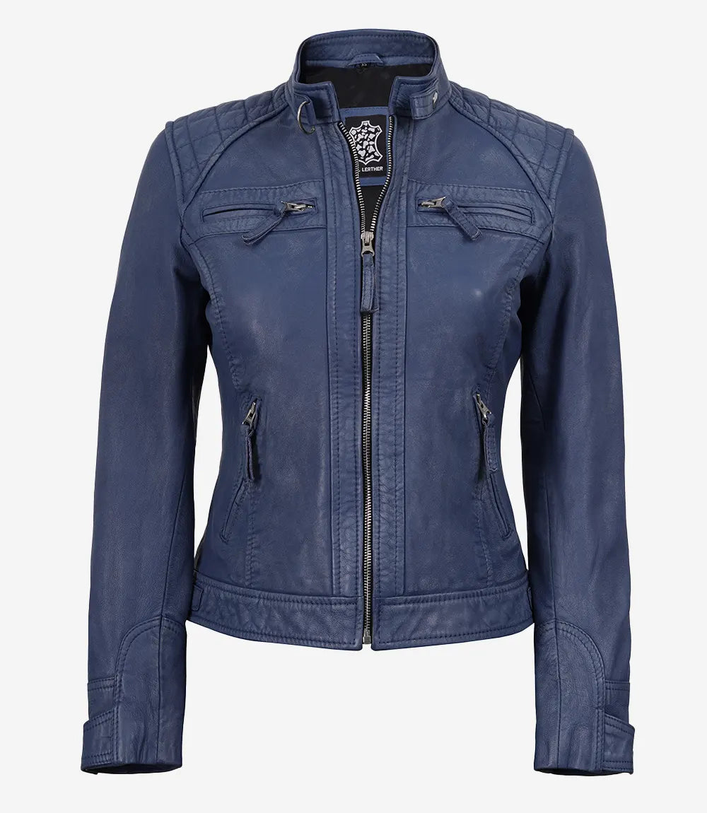 Women's Washed Blue Leather Biker Style Jacket