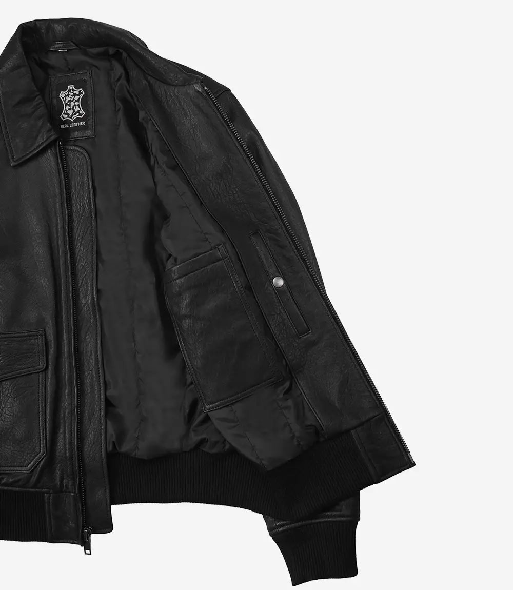 Men's Classic Washed Black Leather Bomber Jacket - Black - view 6