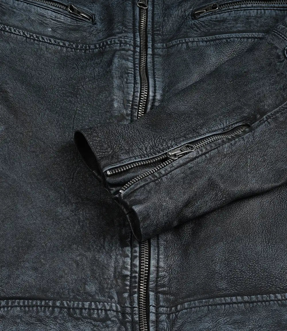 Men's Distressed Washed Black Leather Cafe Racer Jacket