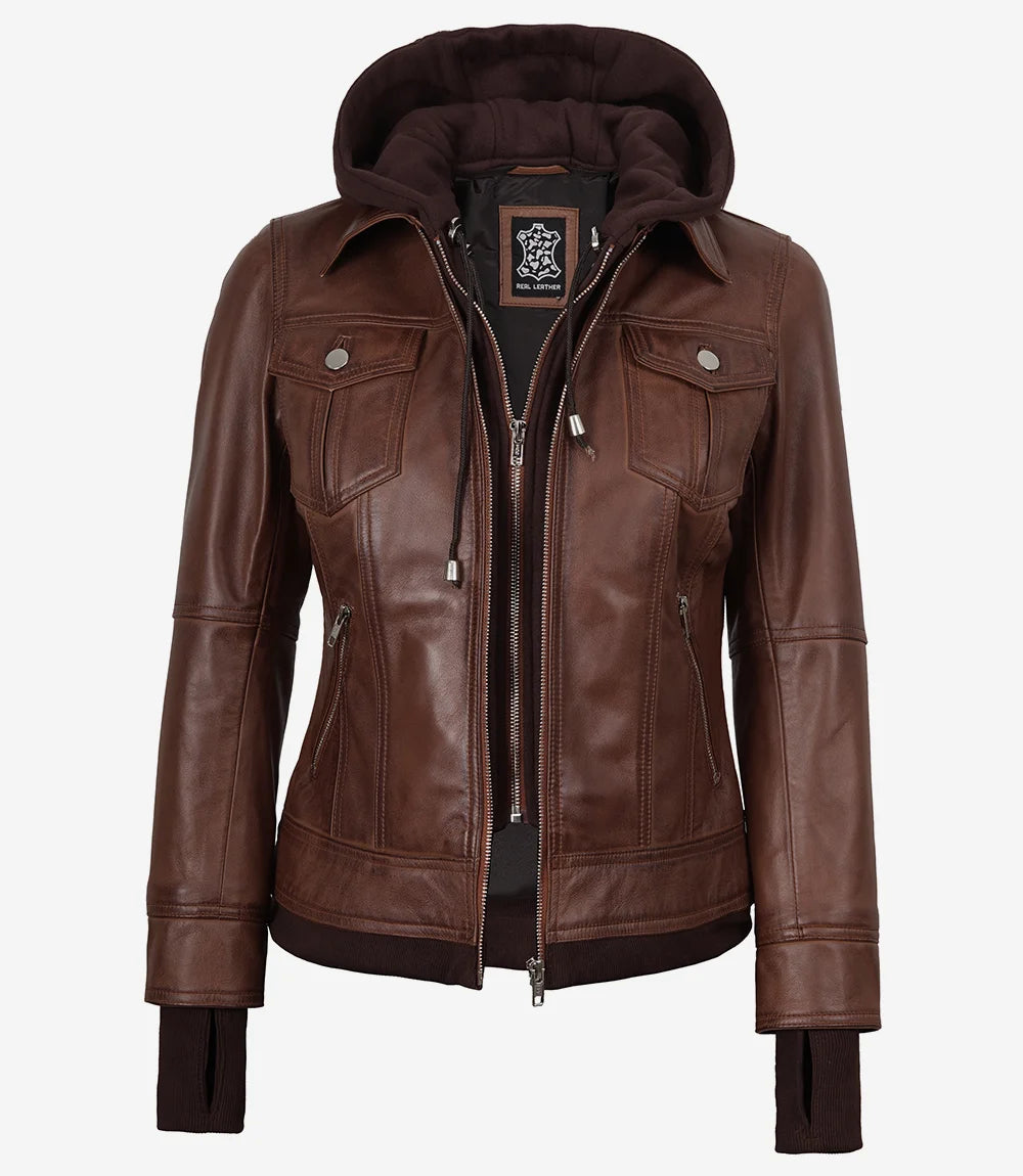 Women's Cognac Wax Bomber Leather Jacket With Removable Hood